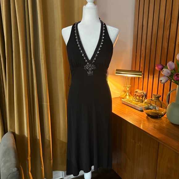 Cache Dresses & Skirts - Vtg 90s Cache Black Beaded Halter Neck V-Neck Midi Cocktail Dress 30021 Womens 6